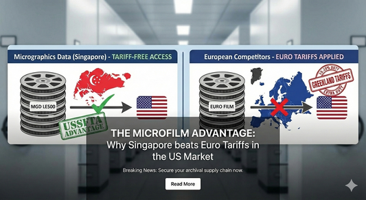 Infographic showing Micrographics Data Singapore microfilm entering the USA with USSFTA advantages versus European film blocked by 25% Greenland Tariffs.