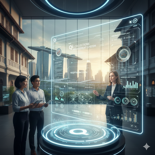 A futuristic digital exhibition display in Singapore featuring Qi Collections Management System architecture, 3D artifact rendering, and Spectrum 5.1 compliant data analytics